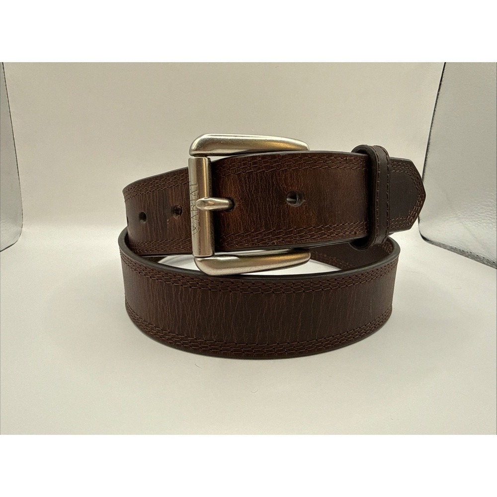 Ariat Triple Stitch Brown Leather Belt Mens Size 38 Silver Hardwear A10004631